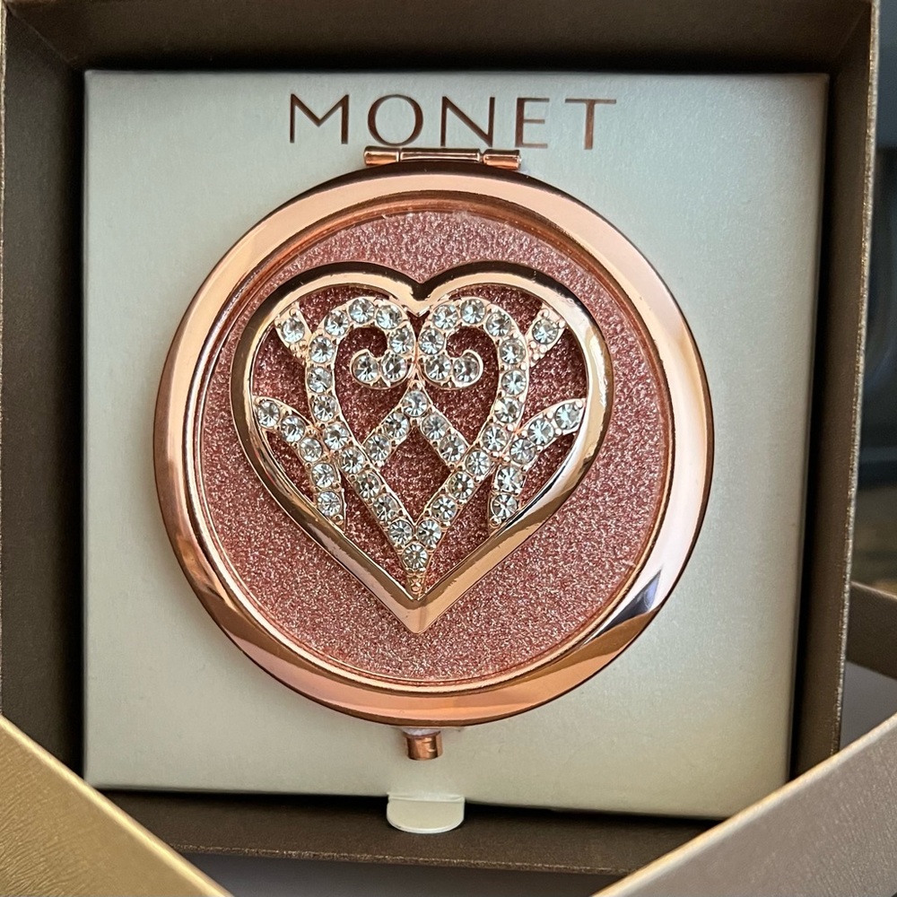 NIB Monet Rose Gold Heart Compact